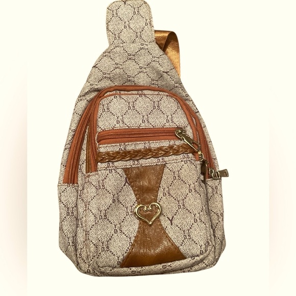 Women’s Tan/Brown Sling Crossbody Bag Nylon Vegan Leather Shoulder Pack - Picture 2 of 6